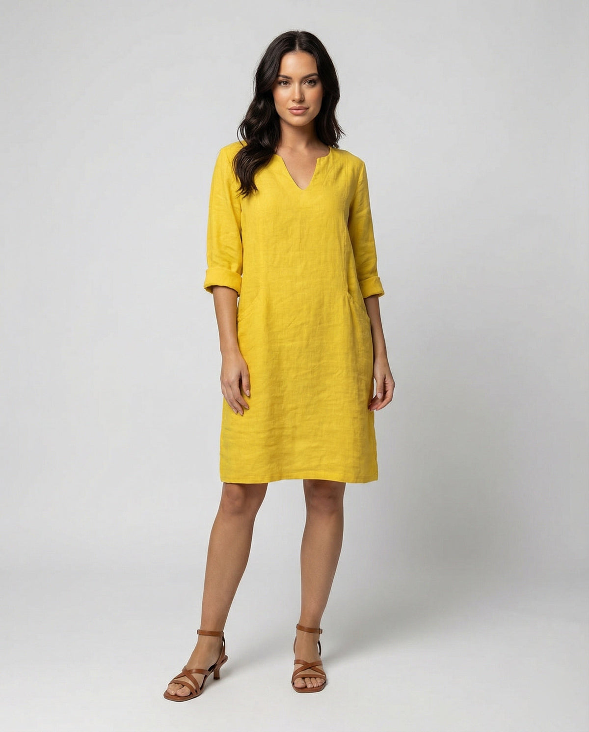 Damen Leinenkleid mit lockerem Schnitt und elegantem V-Ausschnitt