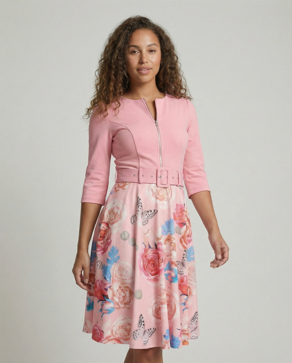 Damen A-Linien Kleid mit tailliertem Gürtel und floralem Muster